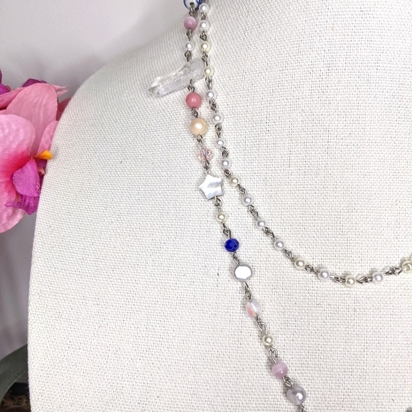 Long freshwater pearl necklace with pink,blue and black beads. Handmade by me. - Picture 3 of 7